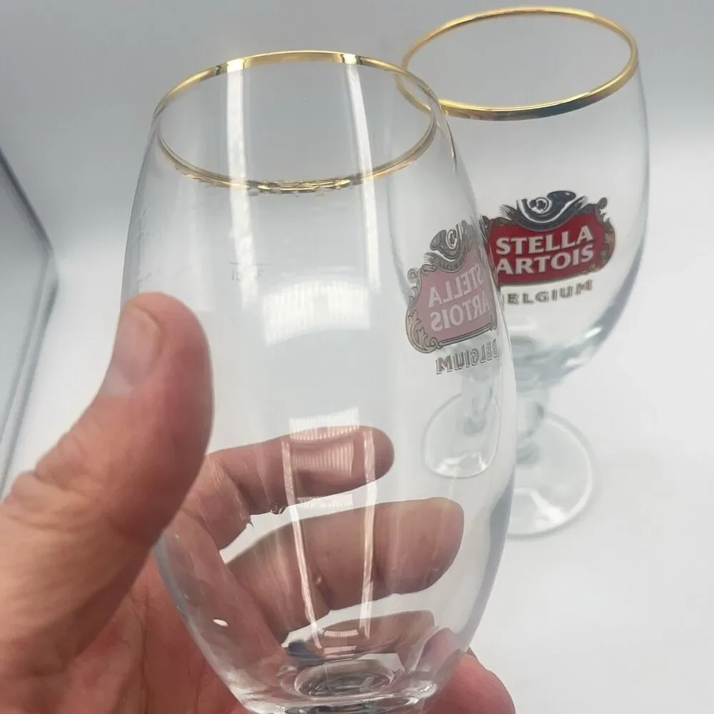 STELLA ARTOIS Belgium Chalice Beer Glass 33 CL Gold Rim (Set Of 2)